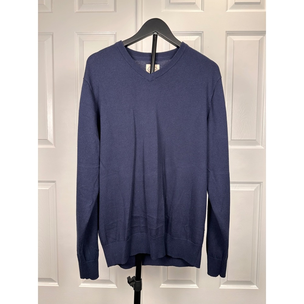 St Johns Bay Mens Navy Blue V-Neck Sweater Size L Cotton Blend Knit Pullover